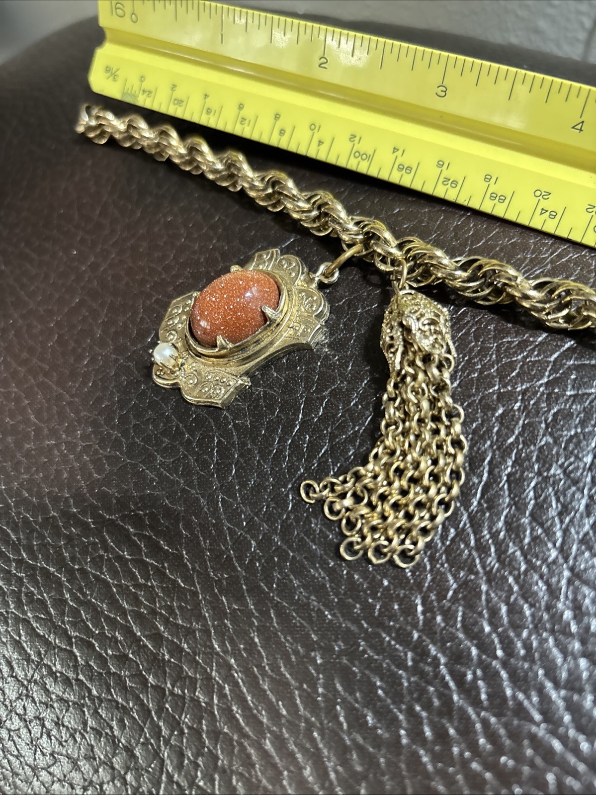 VINTAGE Gold Color Bracelet with Stone & Chain Hanging Charms 7” Long NICE