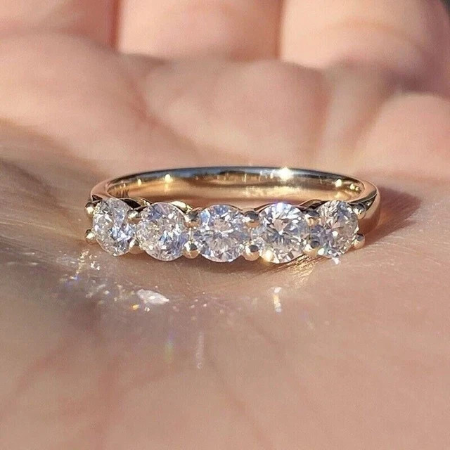1CT Round Cut Moissanite Band Five Stone Wedding Ring 14K Yellow Gold Plated