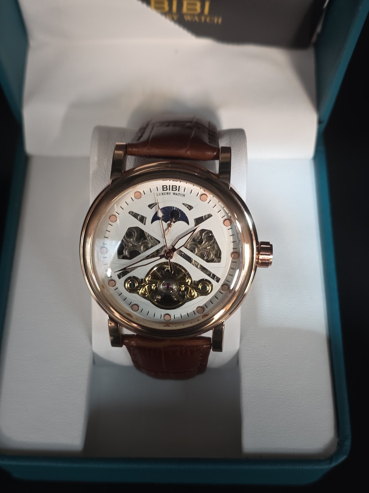 BIBI Luxury Watch Automatic Skeleton Rose Gold, Leather Band
