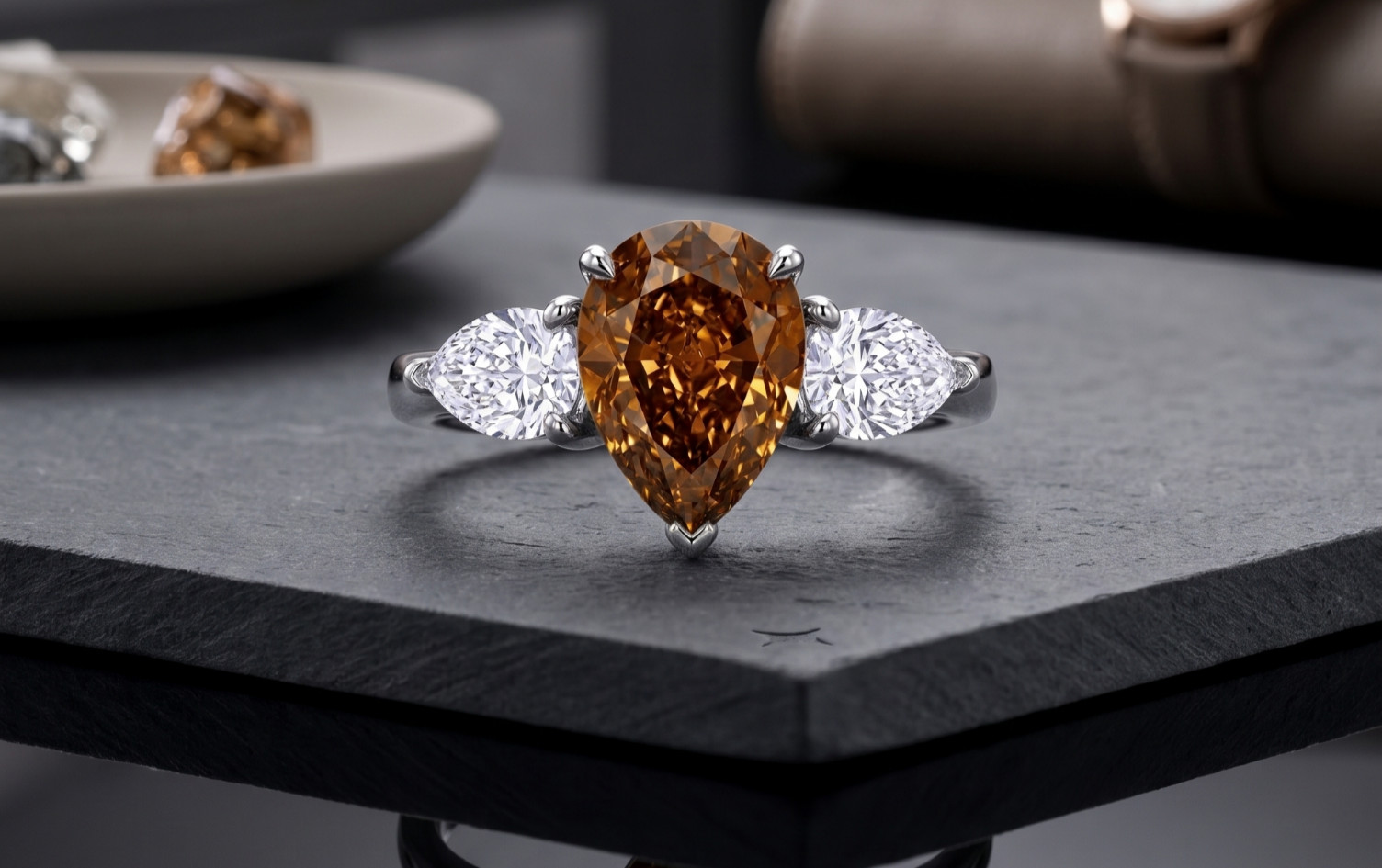 8.00 Ct Certified Pear Cut Natural Brown Diamond Ring VVS1 White Gold Finish