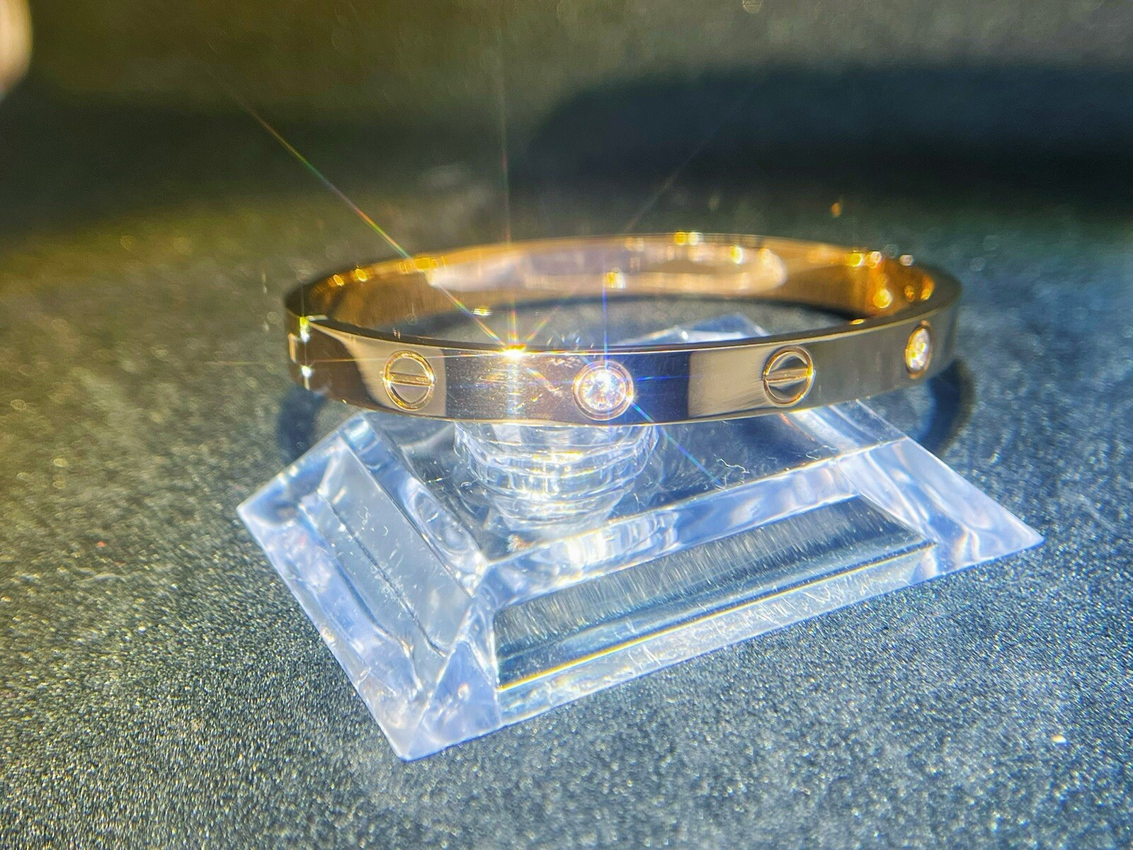 18k FN Unique diamonds Love Rose Gold dangle bracelet, peace and Love bracelet