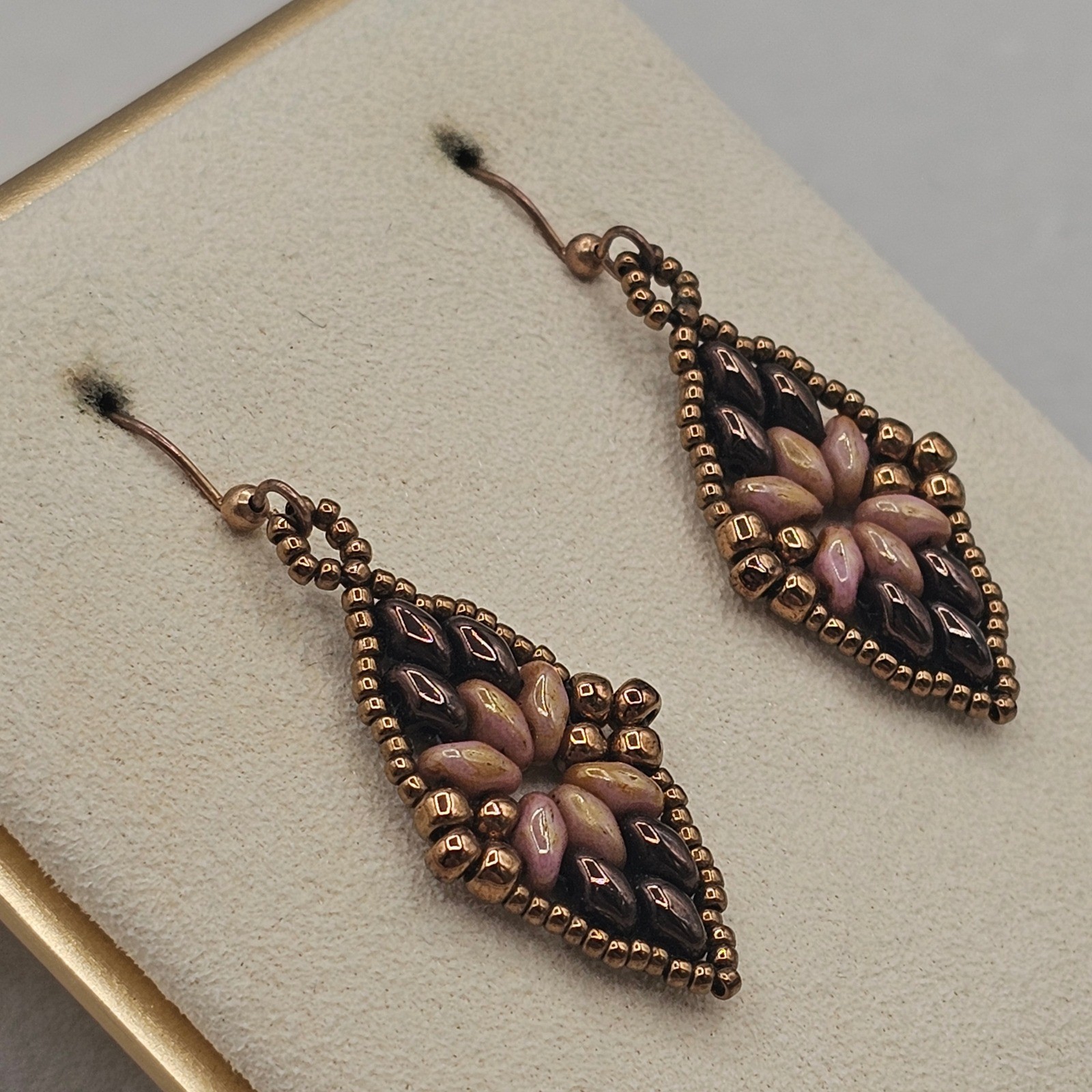 Beaded Floral Boho Dangle Earrings Mauve Purpleish Bronze Tones Earthy