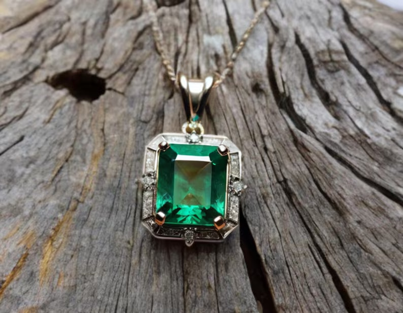 4.80Ct Emerald cut Natural Emerald & Diamond 14K White Gold Luxury Pendant