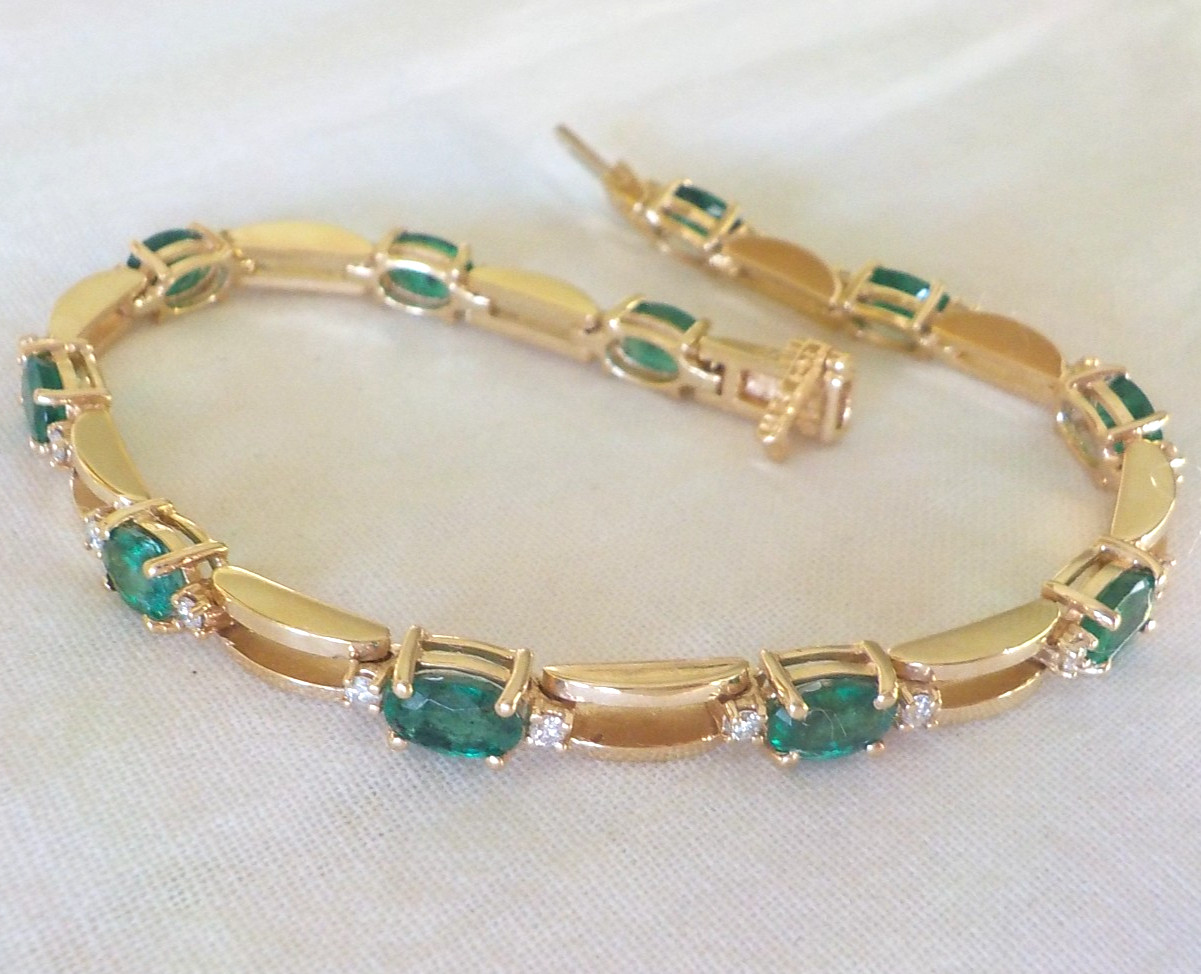 Heavy 14K Yellow Gold Natural Emerald Diamond Bracelet – 12.90 gms, 7.1 in, 5+ct