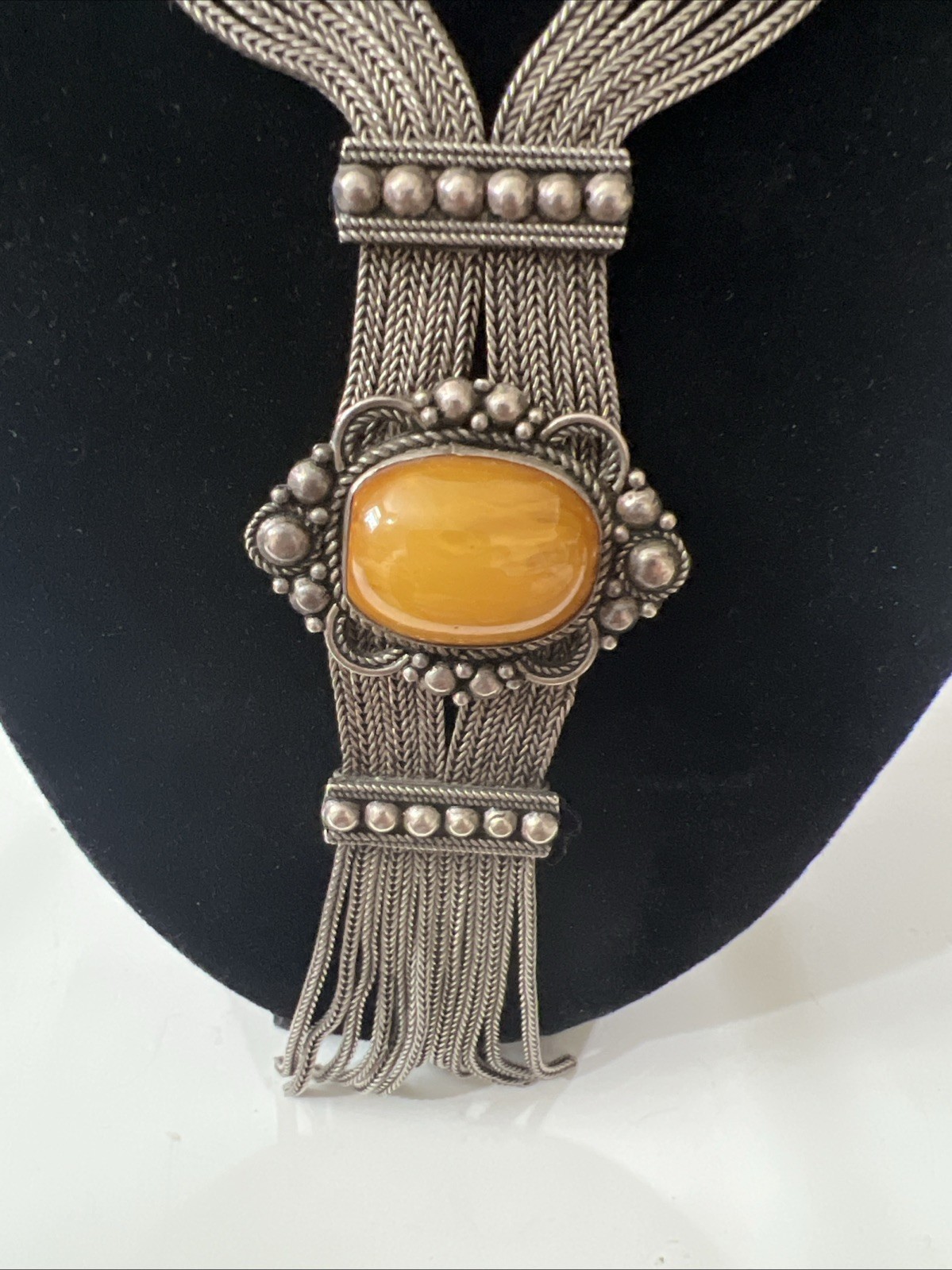Sterling Silver 925 Honey Amber Multi Strand Foxtail Chain Tassel Necklace