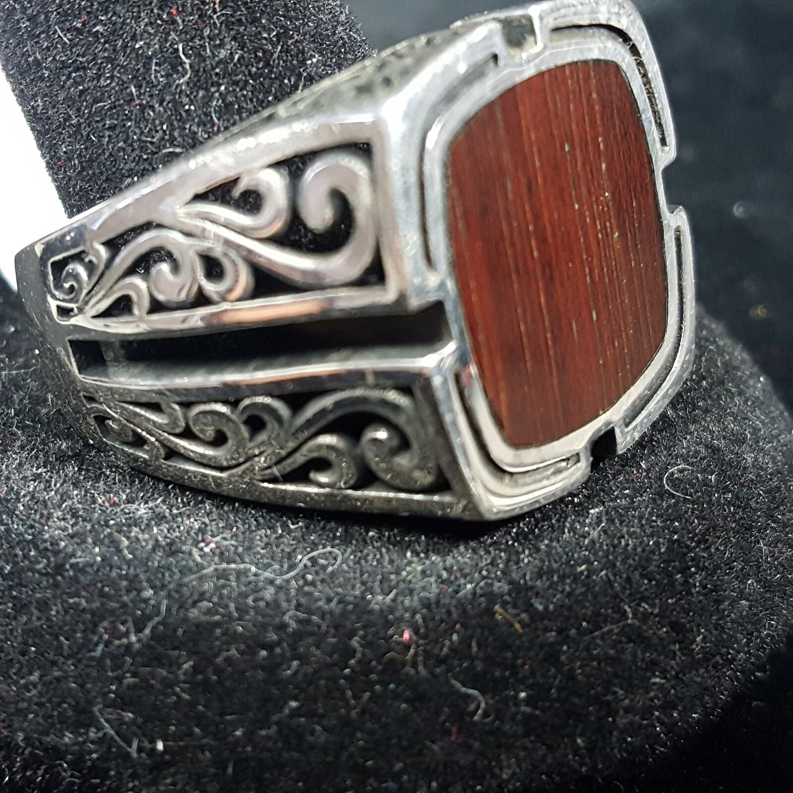Mens Wood Inlay 925 Solid Sterling Silver Ring Size 10 SS