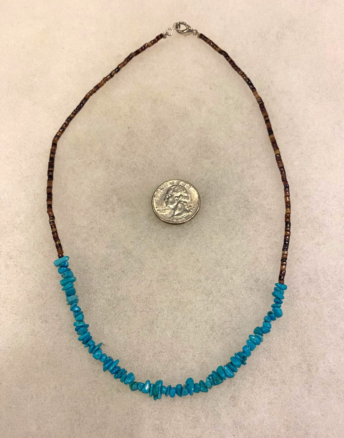 Turquoise Chip and Heishi Necklace Silver Plated Clasp 18 In. Long – 9.0 grams