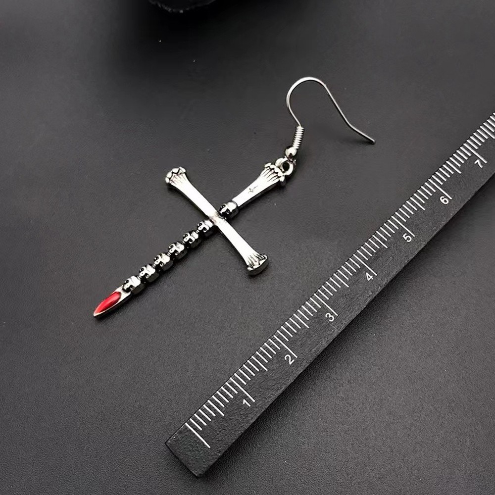 Dangle Drop Earrings Cross 2.76 in Antique Silver Religious Halloween E120