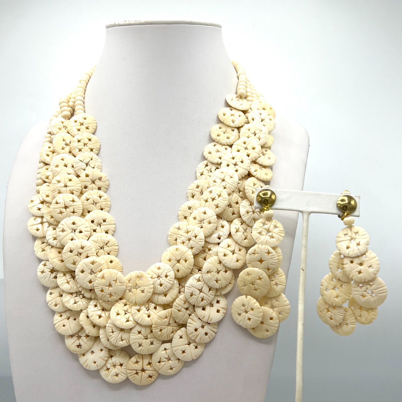 Anka Vtg Necklace, Bracelet and Earrings Set Multi Strand Disc Statement-3 pcs.
