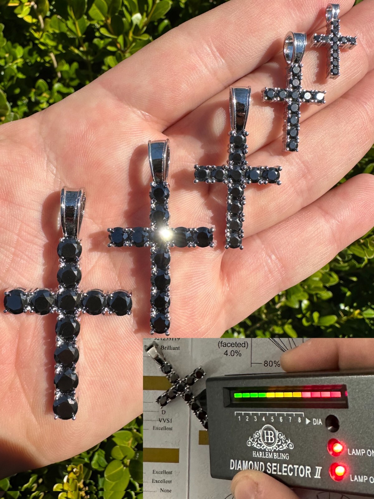 Black MOISSANITE Stone Real 925 Silver Tennis Cross Iced Pendant Necklace HipHop