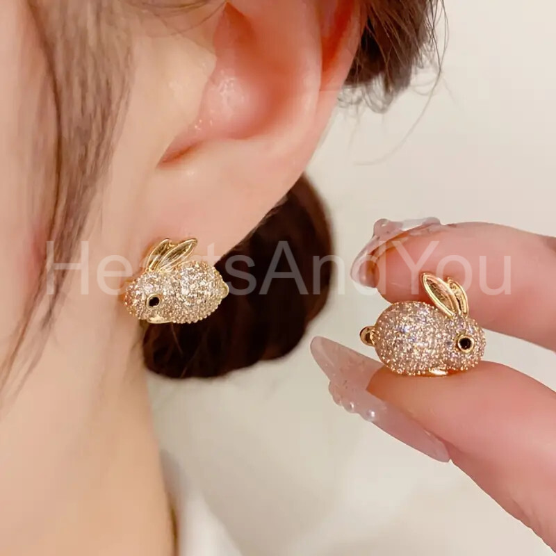 2ct Round Cut Moissanite Rabbit Bunny Women Stud Earrings 14K White Gold Plated
