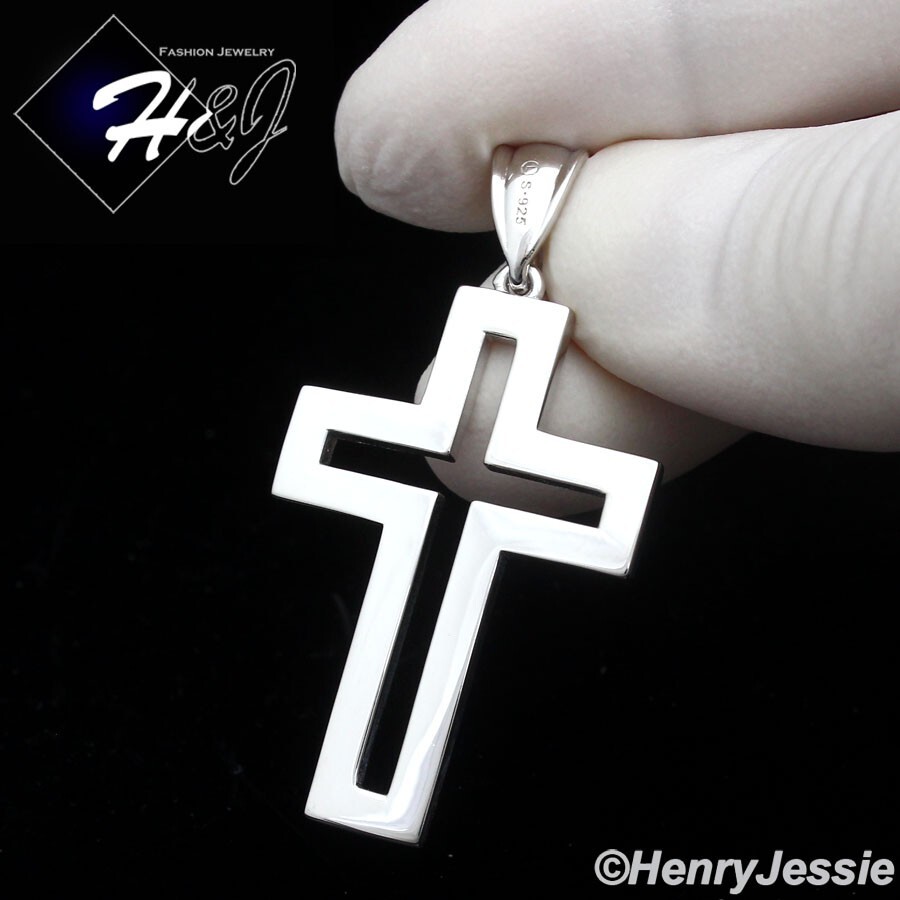 MEN SOLID 925 STERLING SILVER PLAIN SIMPLE HOLLOW DOUBLE CROSS PENDANT*SP422