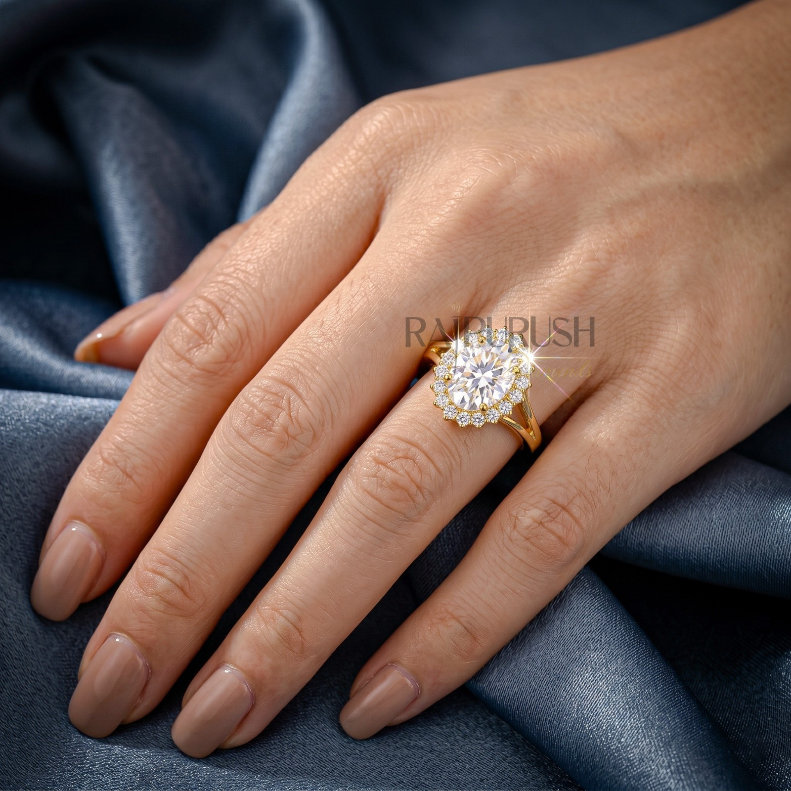 2CT Oval Cut Moissanite Engagement Ring 14k Yellow Gold Plated 925 Silver Halo