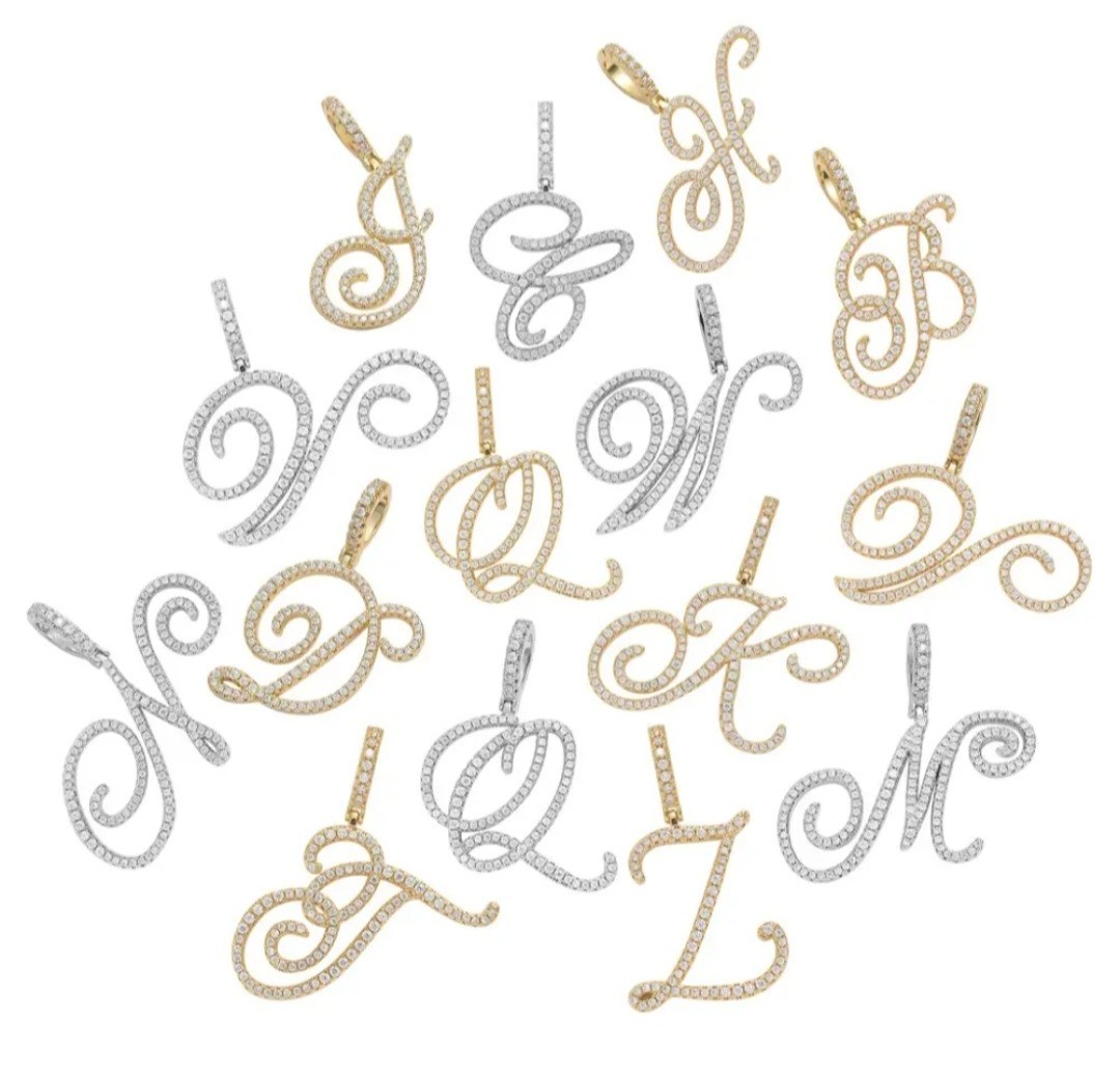 Rhinestone Script Initial Pendant SILVERTONE Sizes in Description (S12)
