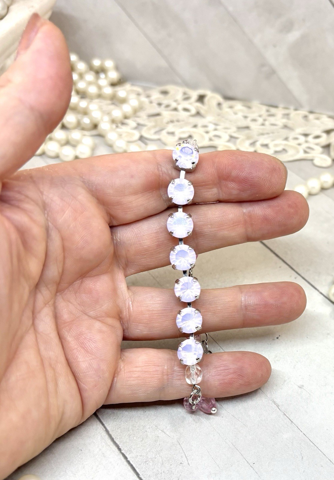 8mm Shiny Silver Plated Beaded Pink Opal Crystal Tennis Cup Chain Bracelet