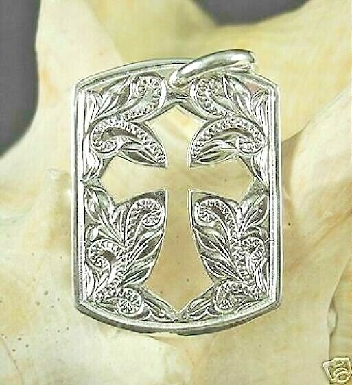 23MM HEAVY SOLID 925 STERLING SILVER HAWAIIAN ENGRAVED SCROLLS CROSS PENDANT