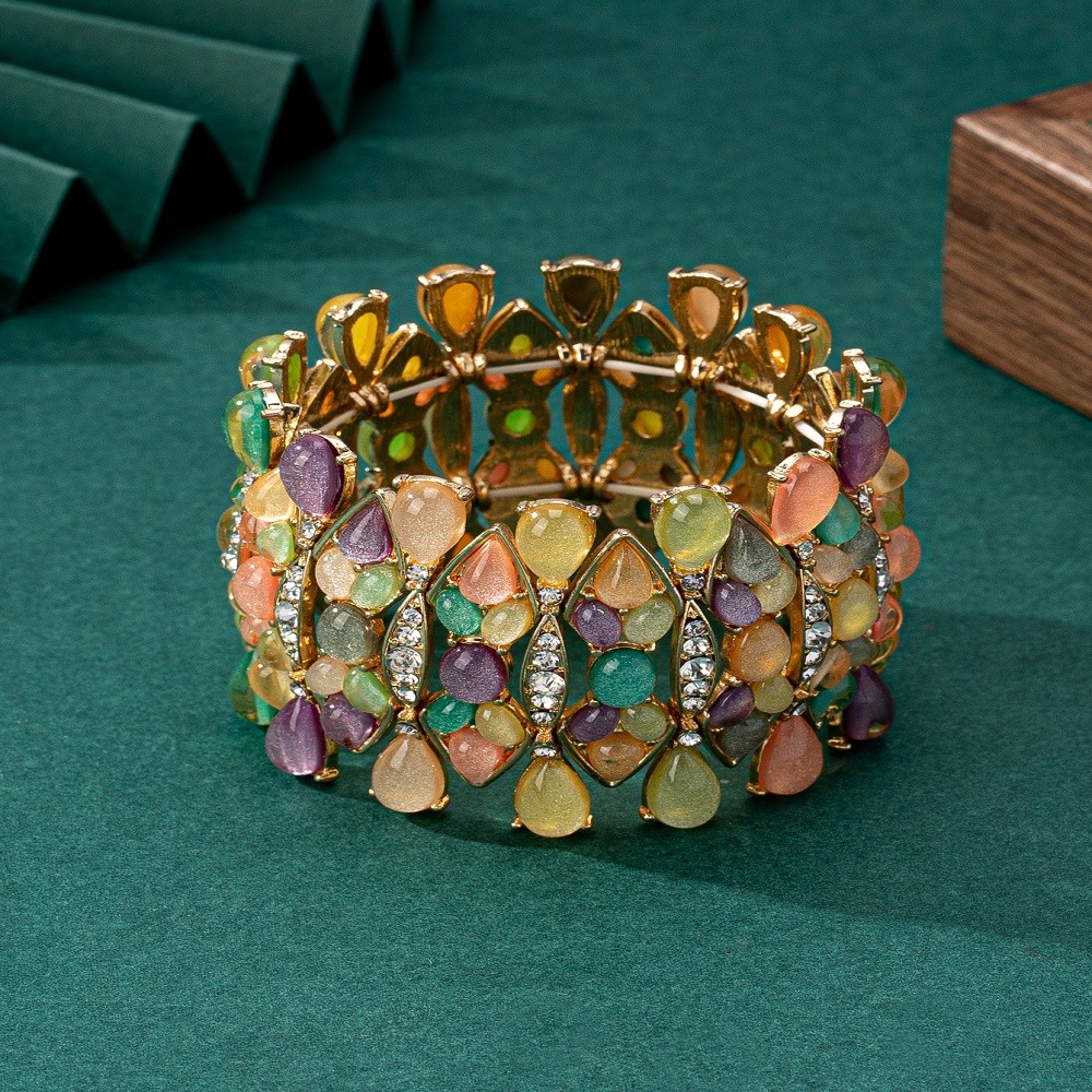 Wide Cuff Bangle Bracelet Colorful Teardrop Resin Rhinestone Inlaid Gold Alloy
