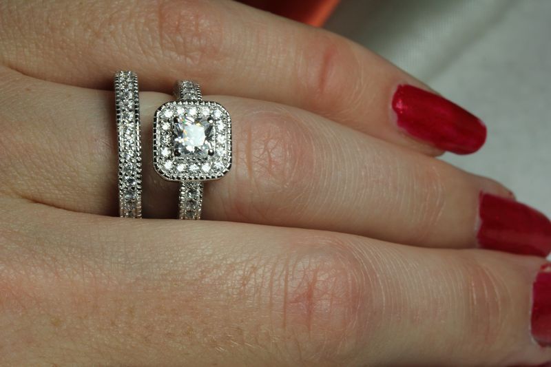 2.3C PRINCESS CUT VNTG STERLING SILVER CZ ENGAGEMENT RING WEDDING RING SET SZ6+8