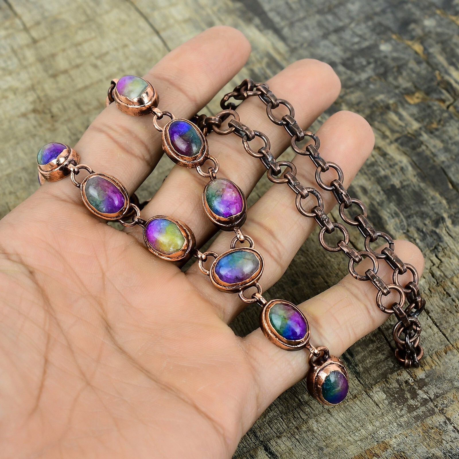 Natural Rainbow Solar Quartz Druzy Electroformed Chain Necklace Jewelry Copper