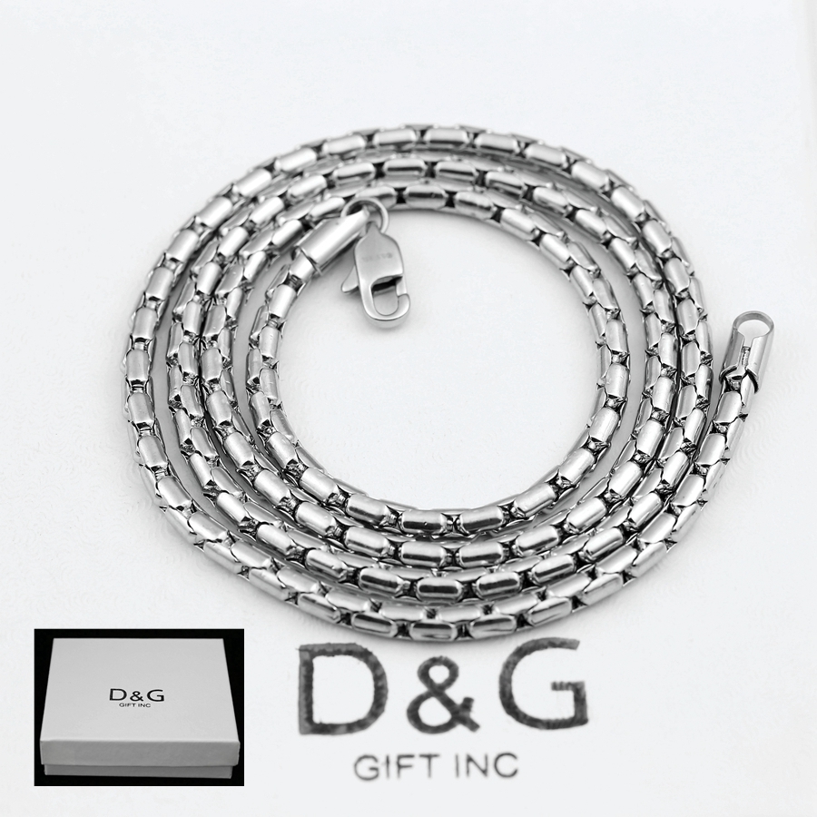 DG Men’s Silver Stainless-Steel 24″ Smooth Round Box Chain Necklace + Box