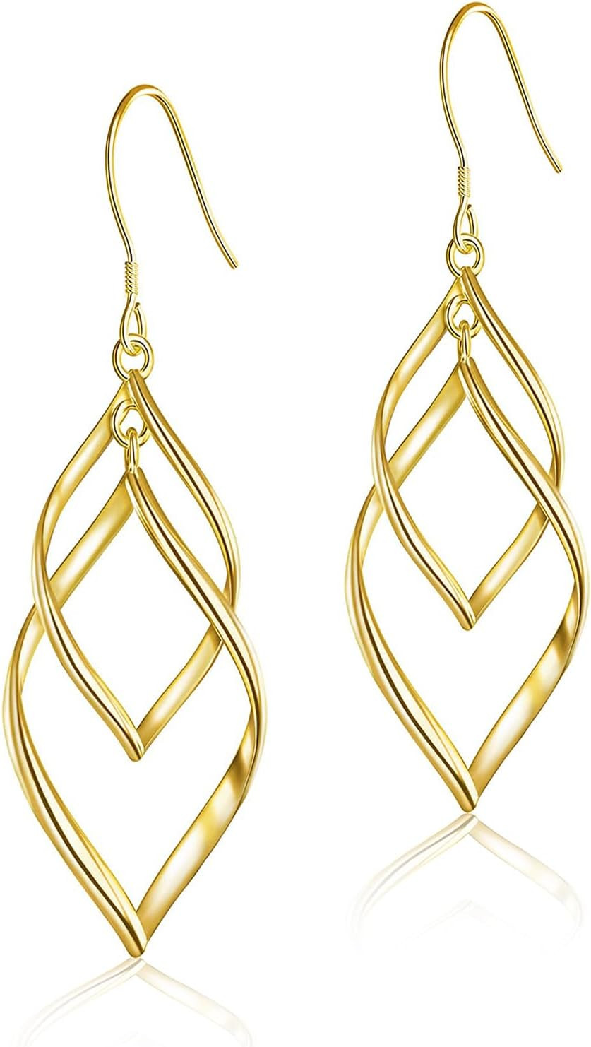 14K Gold Dangle Earrings for Women Trendy Double Spiral Drop Dangly Earrings Sta