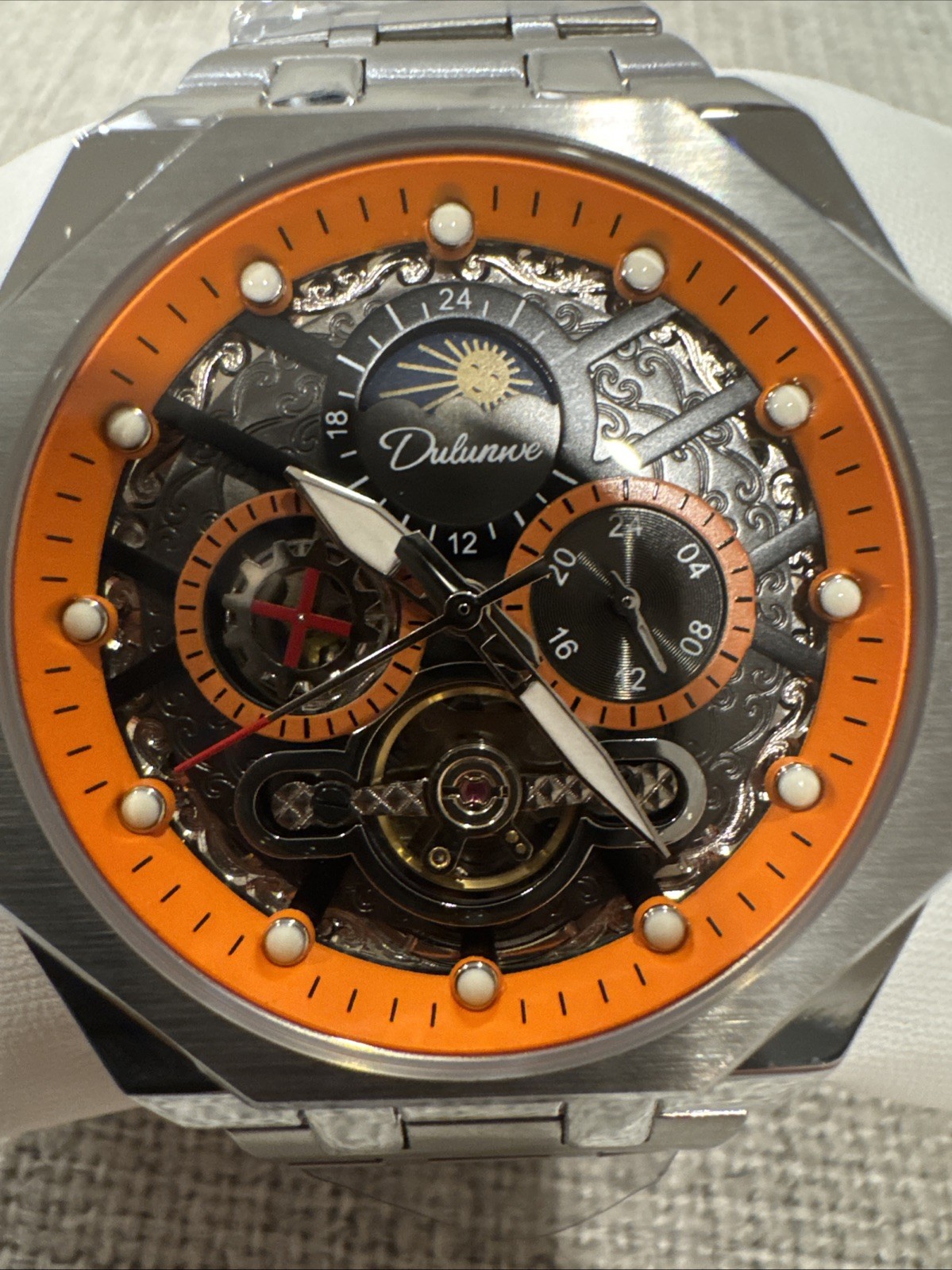 Automatic Skeleton Mechanical Moon phase Men’s Watch Orange Dial Stainless
