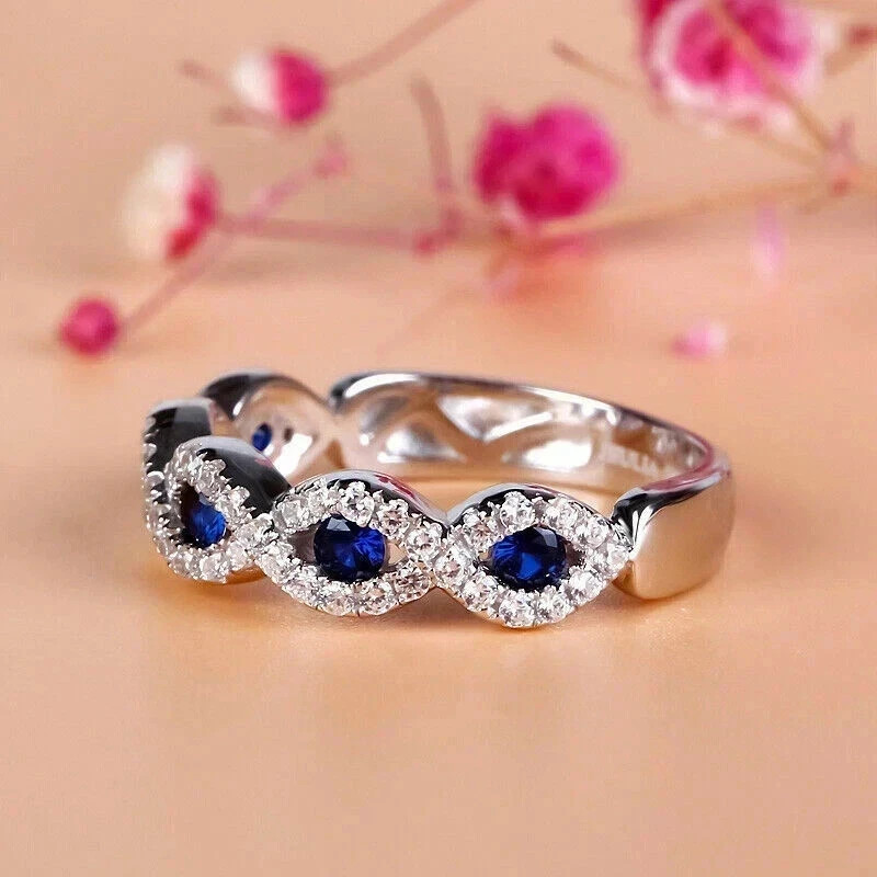 1.83 Ct Round Cut Natural Sapphire Wedding Ring 14K White Gold