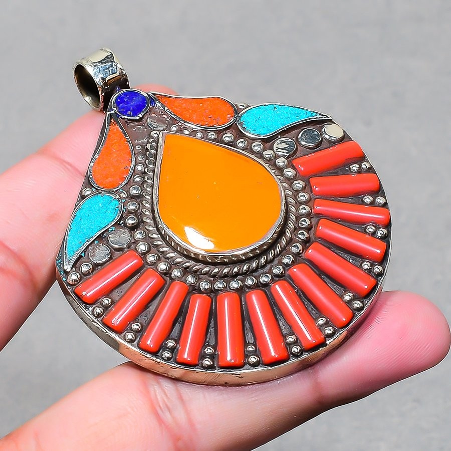 Coral Turquoise Lapis Lazuli Pendant Handmade Vintage Nepali Jewelry 2.6″ NP 249