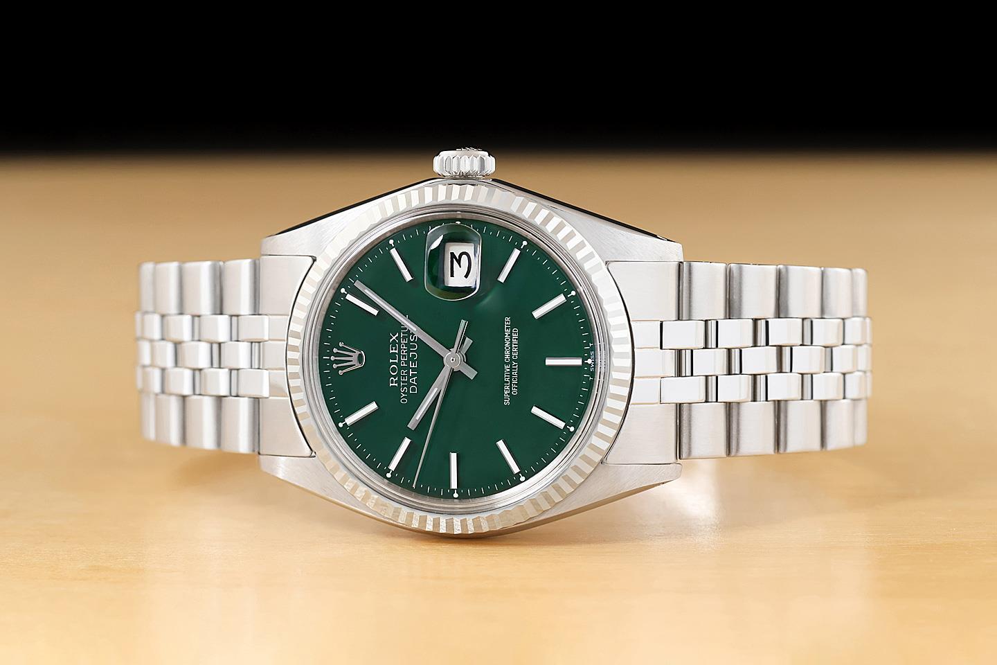 ROLEX MENS DATEJUST 18K GOLD STEEL GREEN DIAL WATCH w/ FOLDED JUBILEE BRACELET