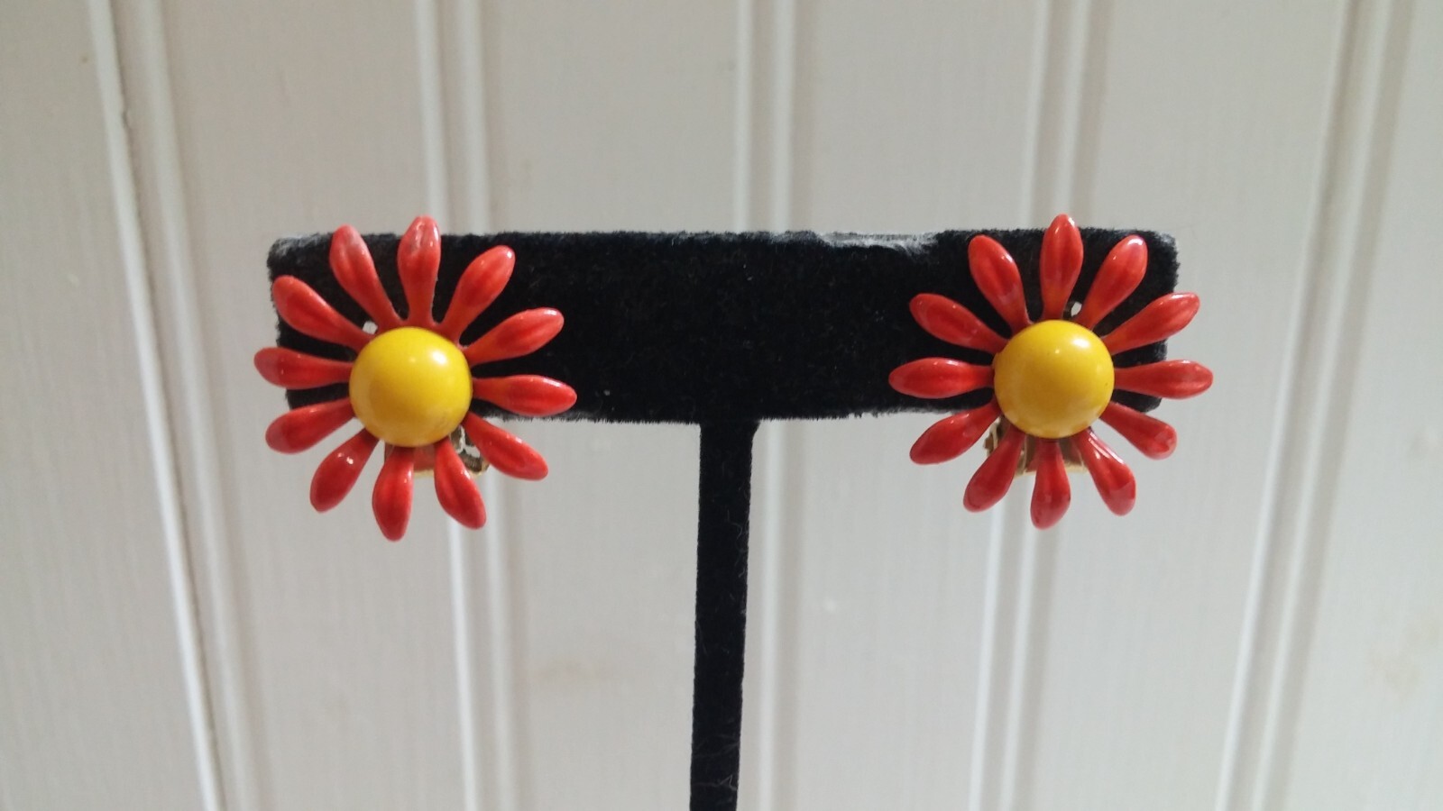 Green Orange Yellow Enameled GTMetal Daisy Flower BroochPin MatchingClipEarrings