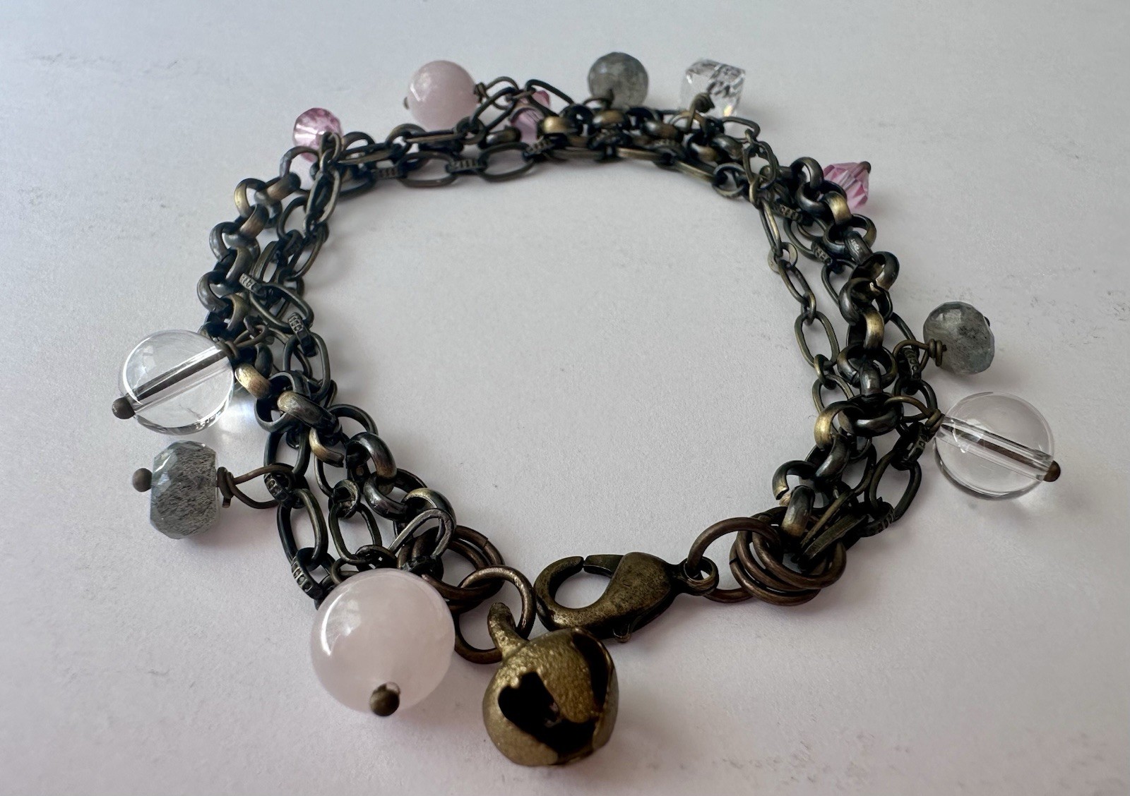 Antique Brass Triple Chain Gemstone Bracelet 7” Artisan Handmade NEW! Rare
