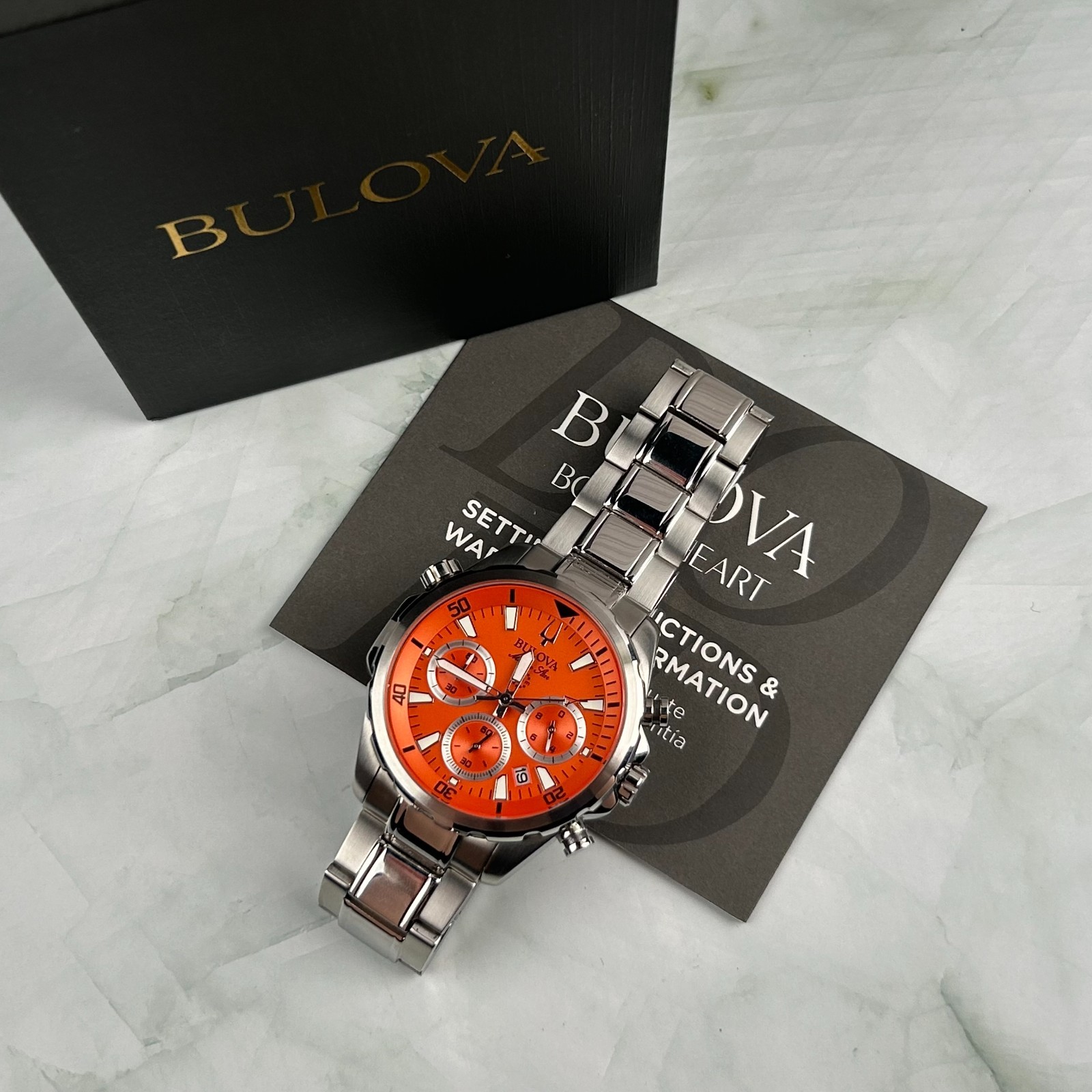 Bulova Classic Marine Star 96B395 Orange Dial Chronograph Men’s Quartz Watch New