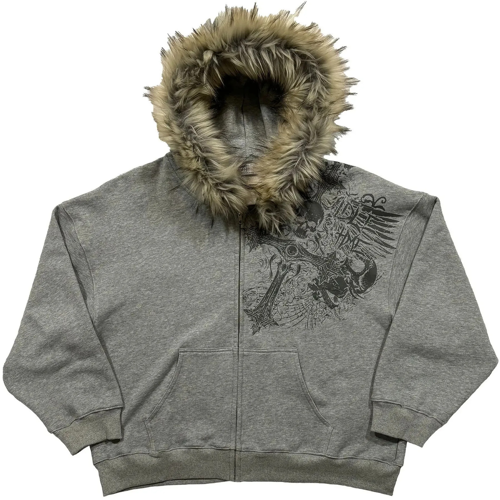 Y2K Faux Fur Collar Zip Hoodie Streetwear Jacket
