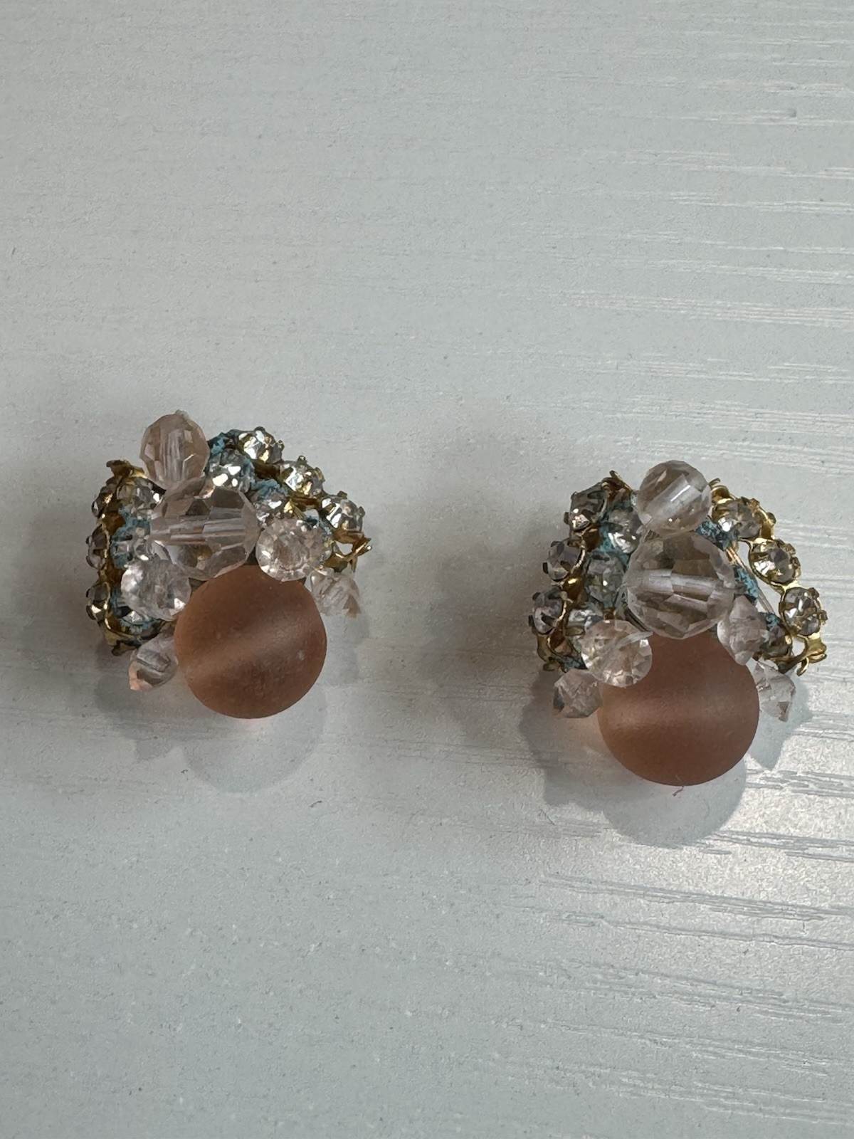 Pink- peach Crystal Necklace & Clip-On Earrings Set w/ Rhinestone Accents