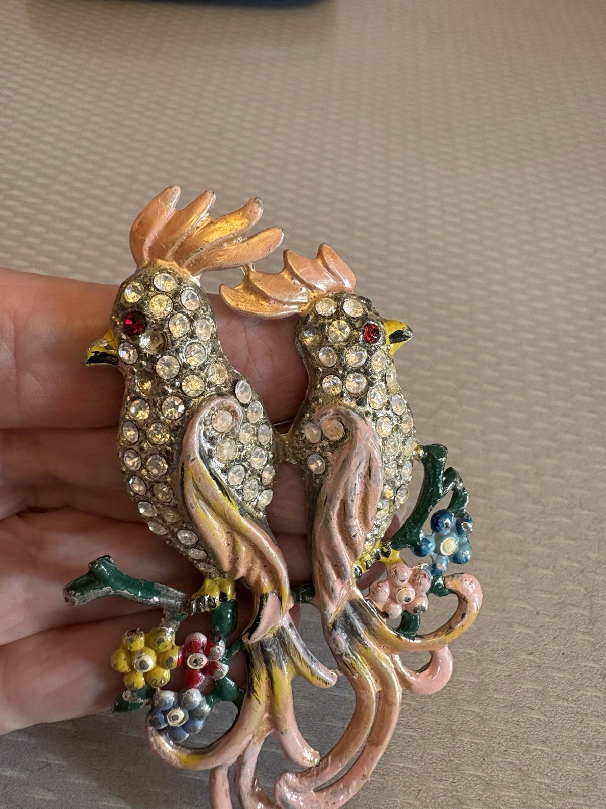 Unsigned Coro 40s Vintage Bird of Paradise Pair Brooch Pink Enamel Rhinestone
