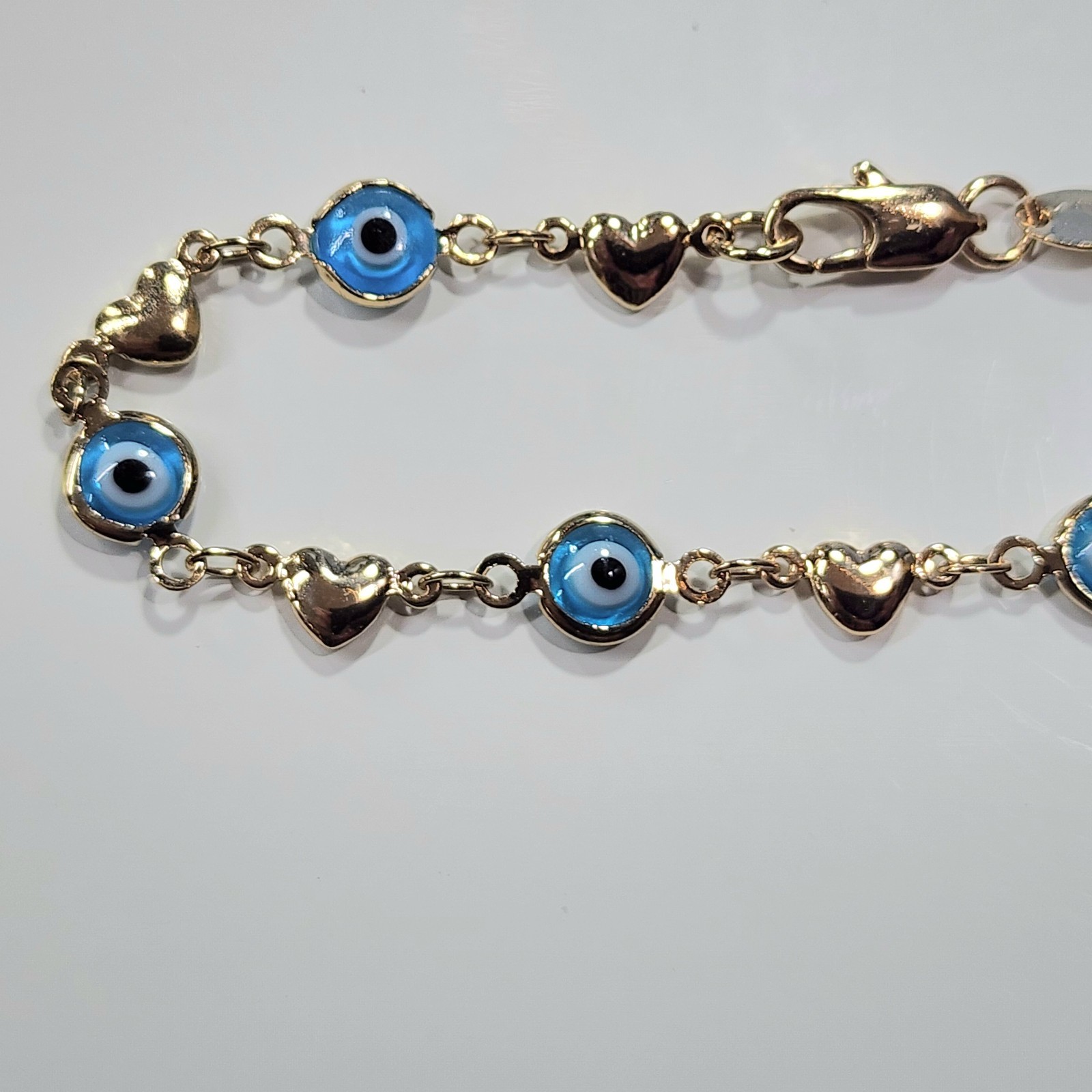 18k Gold Filled Bracelet Light Blue Evil Eye with Hearts 7.5 inch Long
