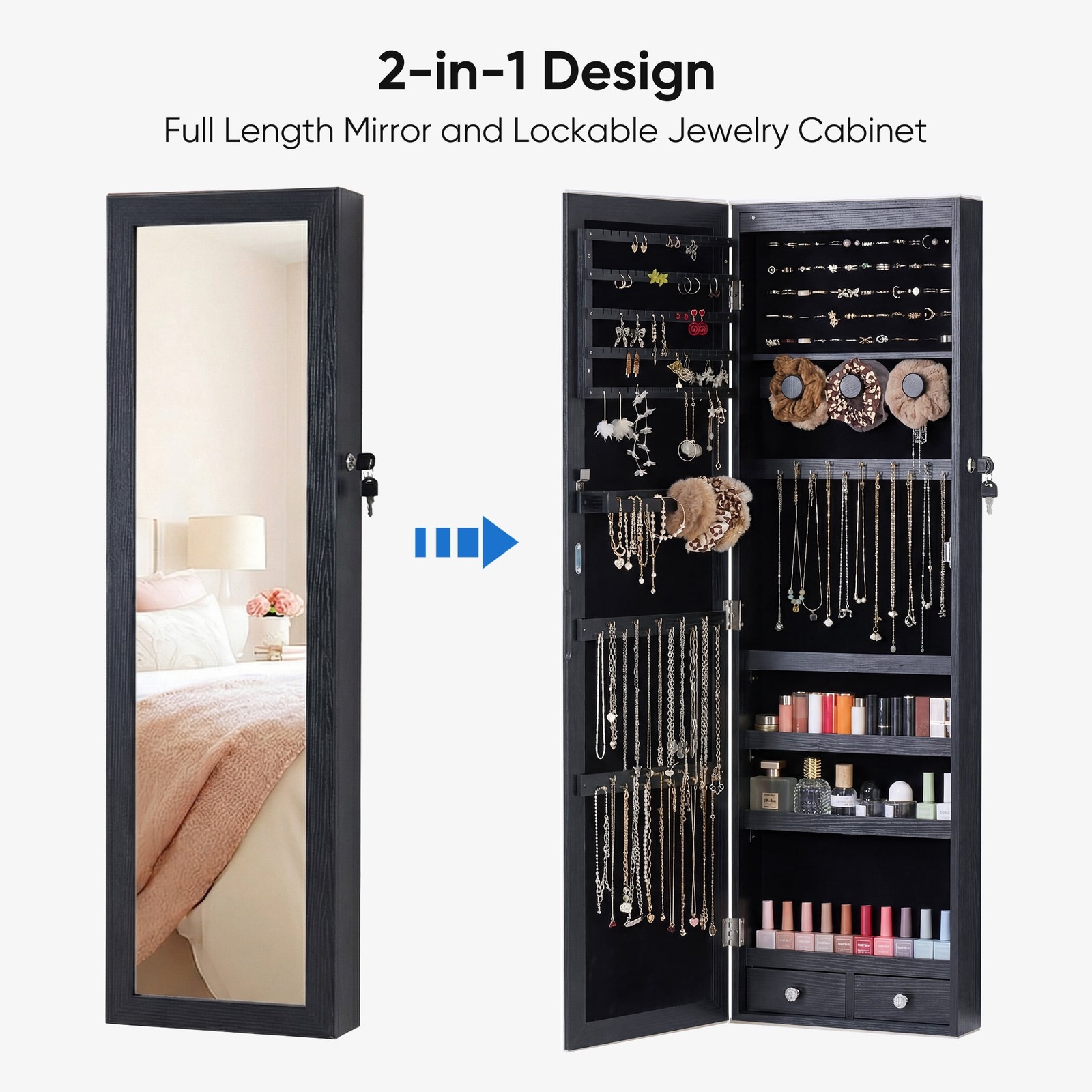 JHK Full Length Mirror Jewelry Cabinet w/ 6 LED Lights,Wall Mounted/Door Hanging