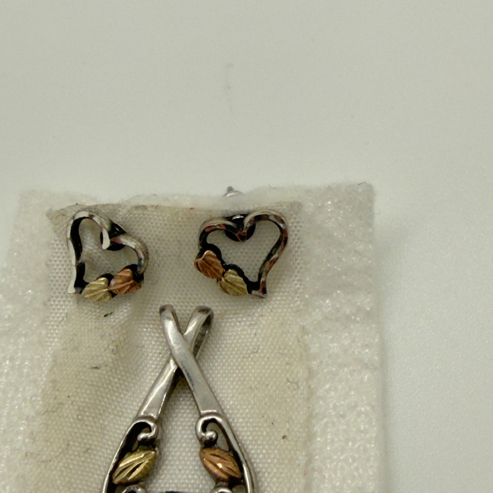 Landstrom’s Black Hills Gold Silver Heart Stud Earrings Mystic Topaz Pendant Set