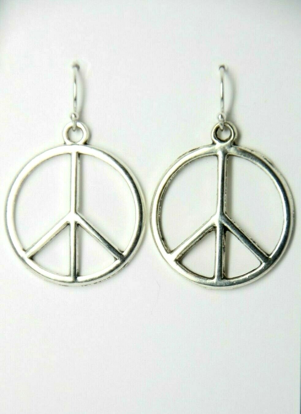Peace Sign Charm Earrings Hippie 1960s 925 Sterling Silver Hooks Pewter Charms