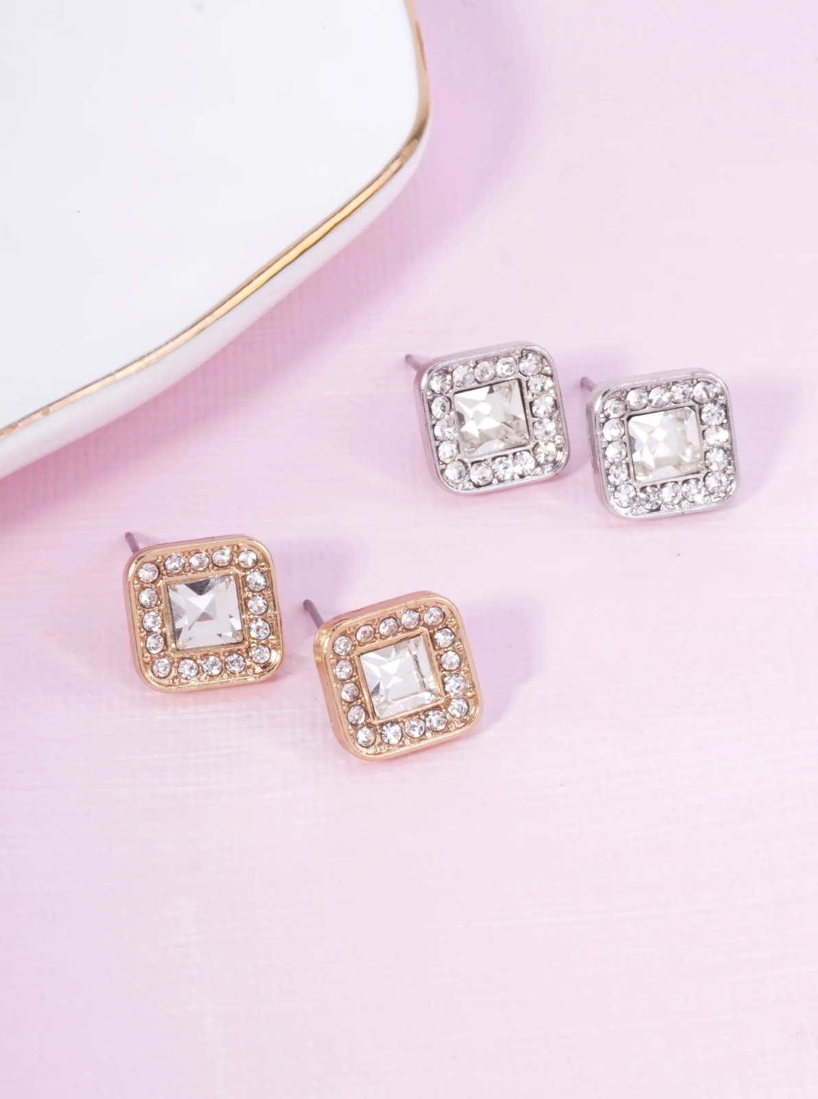 Soft Square Glass Rhinestone Stud Earrings 0.4in, Gold or Silver Tone