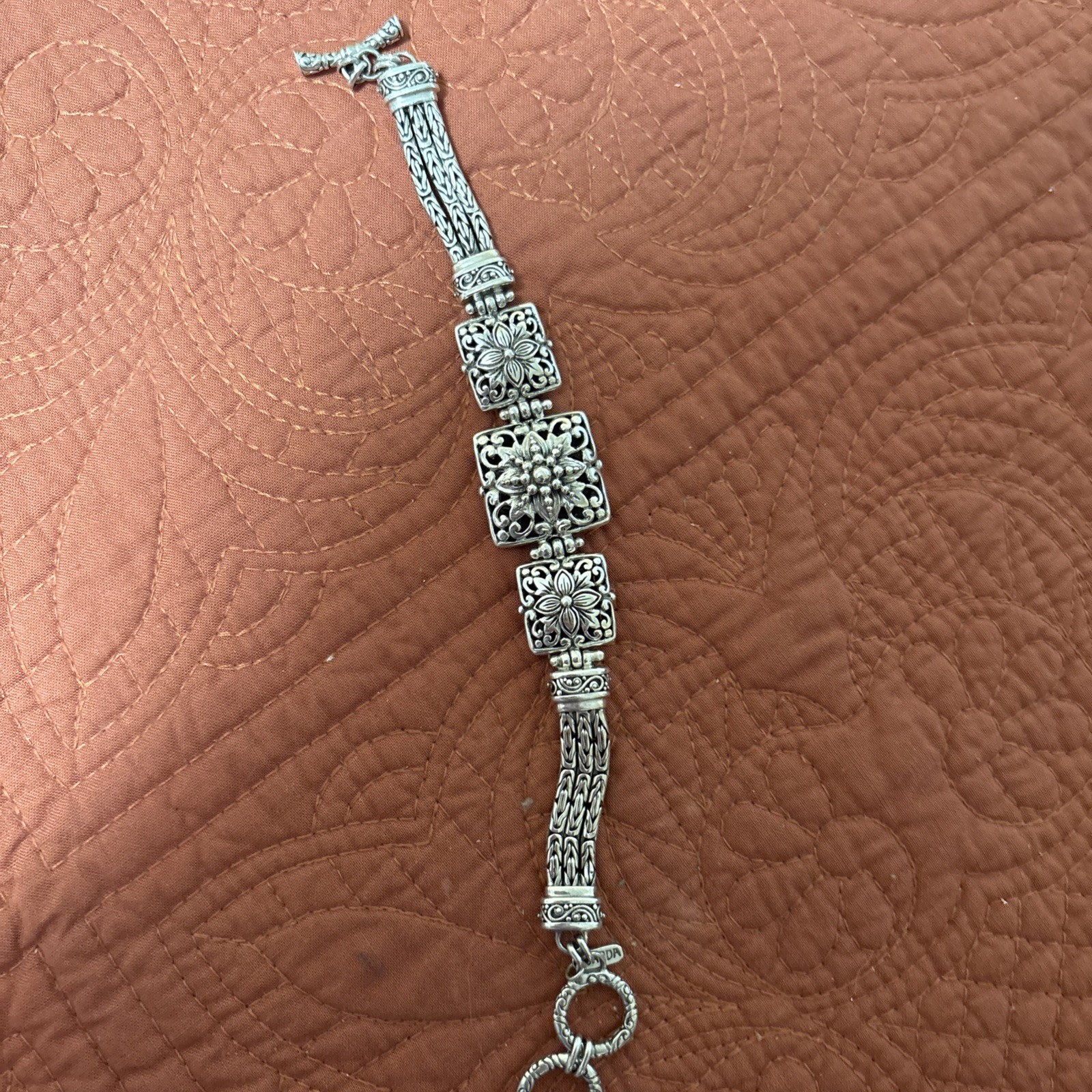 Sarda 925 Sterling Silver Toggle Floral Panel Byzantine Chain Bracelet 34.6g
