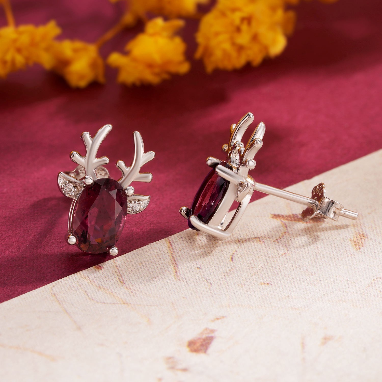 Lab Created 925 Sterling Silver Oval Ruby Deer Stud Earrings Reindeer Women Gift