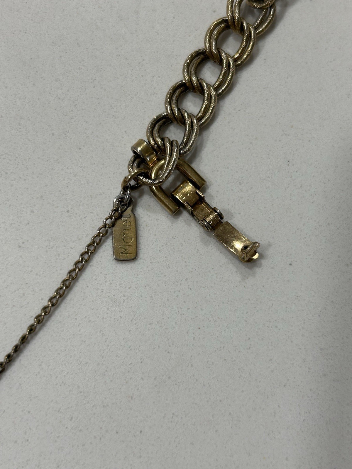 Vintage Monet Charm Bracelet Textured Links Gold Tone With Safety Chain