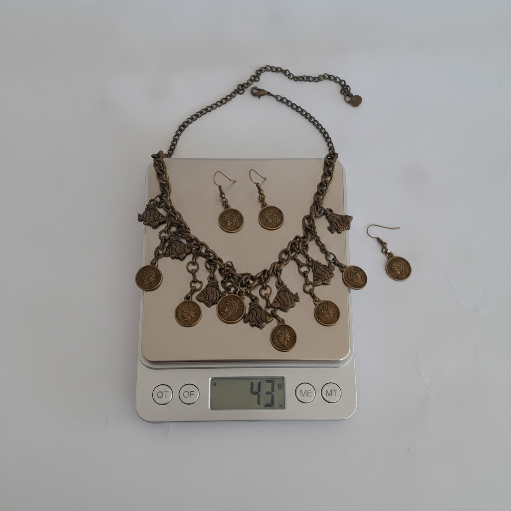 Vintage Boho Necklace & Dangle Earrings Set Unique Bronze Tone Lion Head Coin