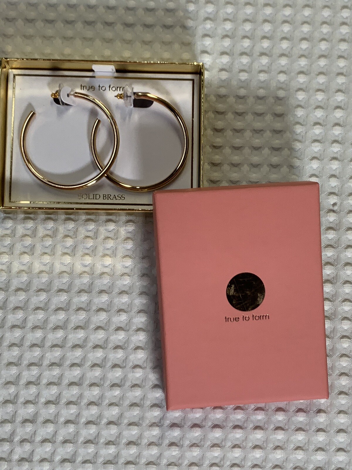 True To Form Hoop Earrings Solid Brass 2 1/8″ Diameter . New in Box