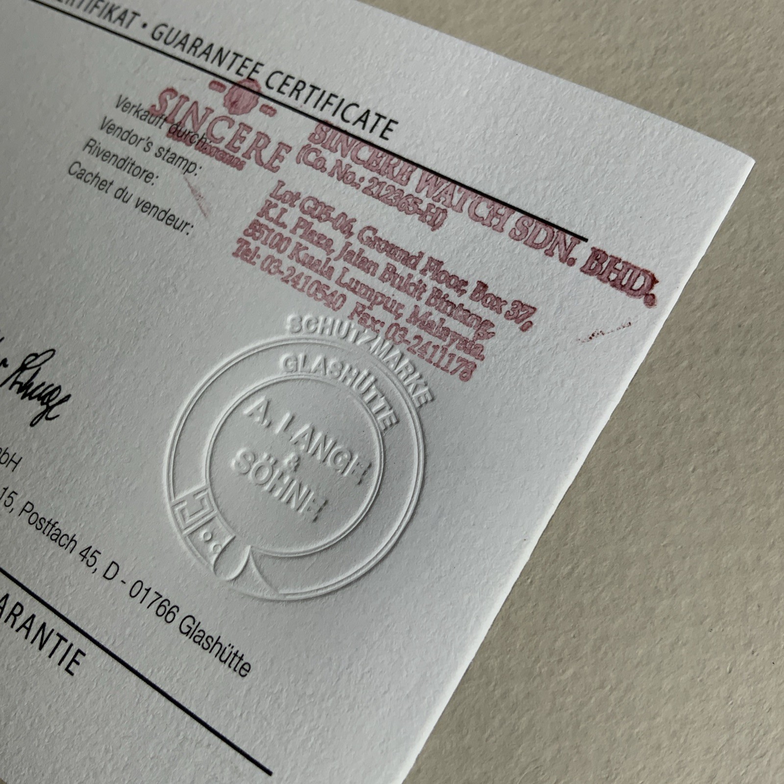 A Lange & Sohne Vintage Certificate AD Stamped