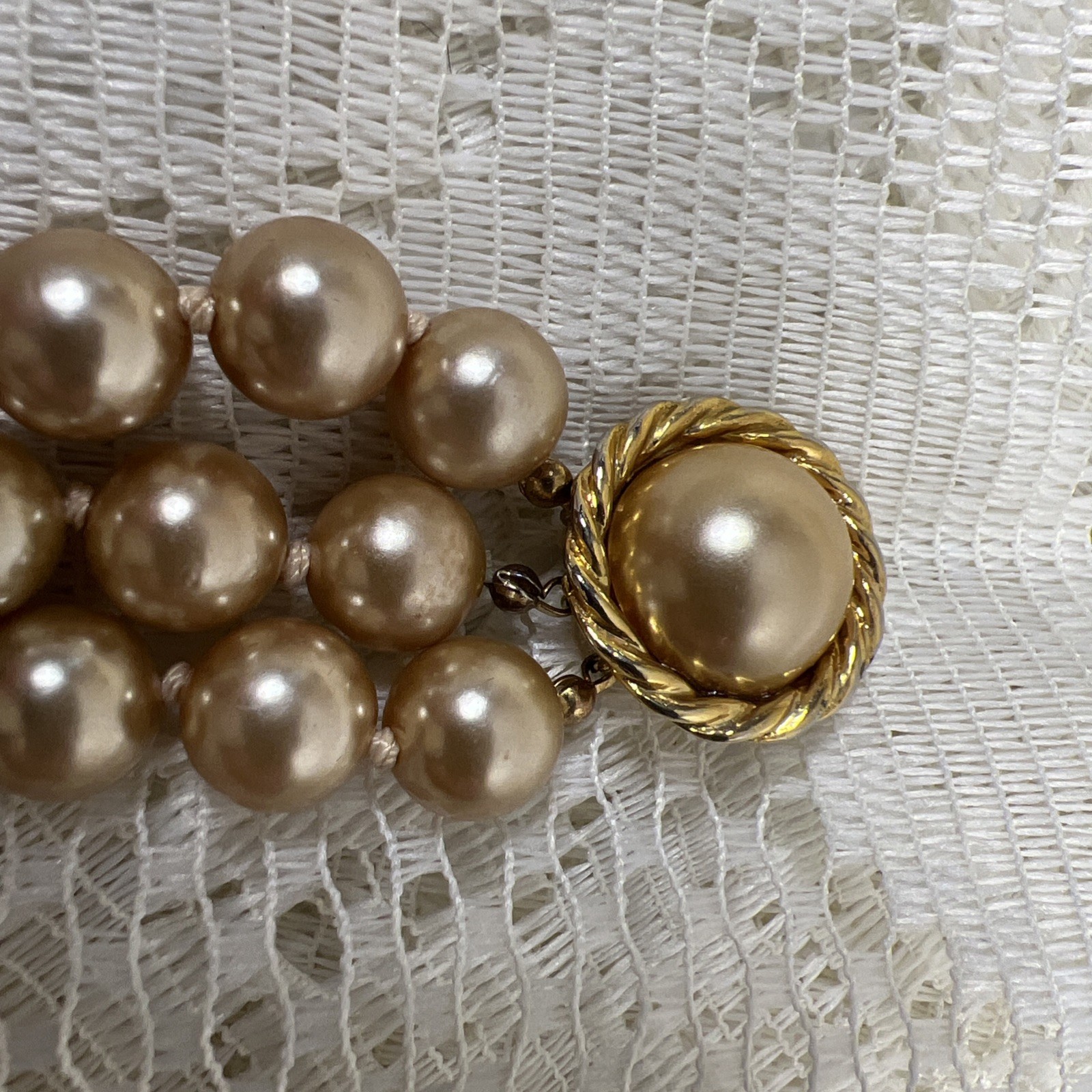 Vintage Champagne Cream Faux Pearl Hand Tied Necklace Graduated & Bracelet