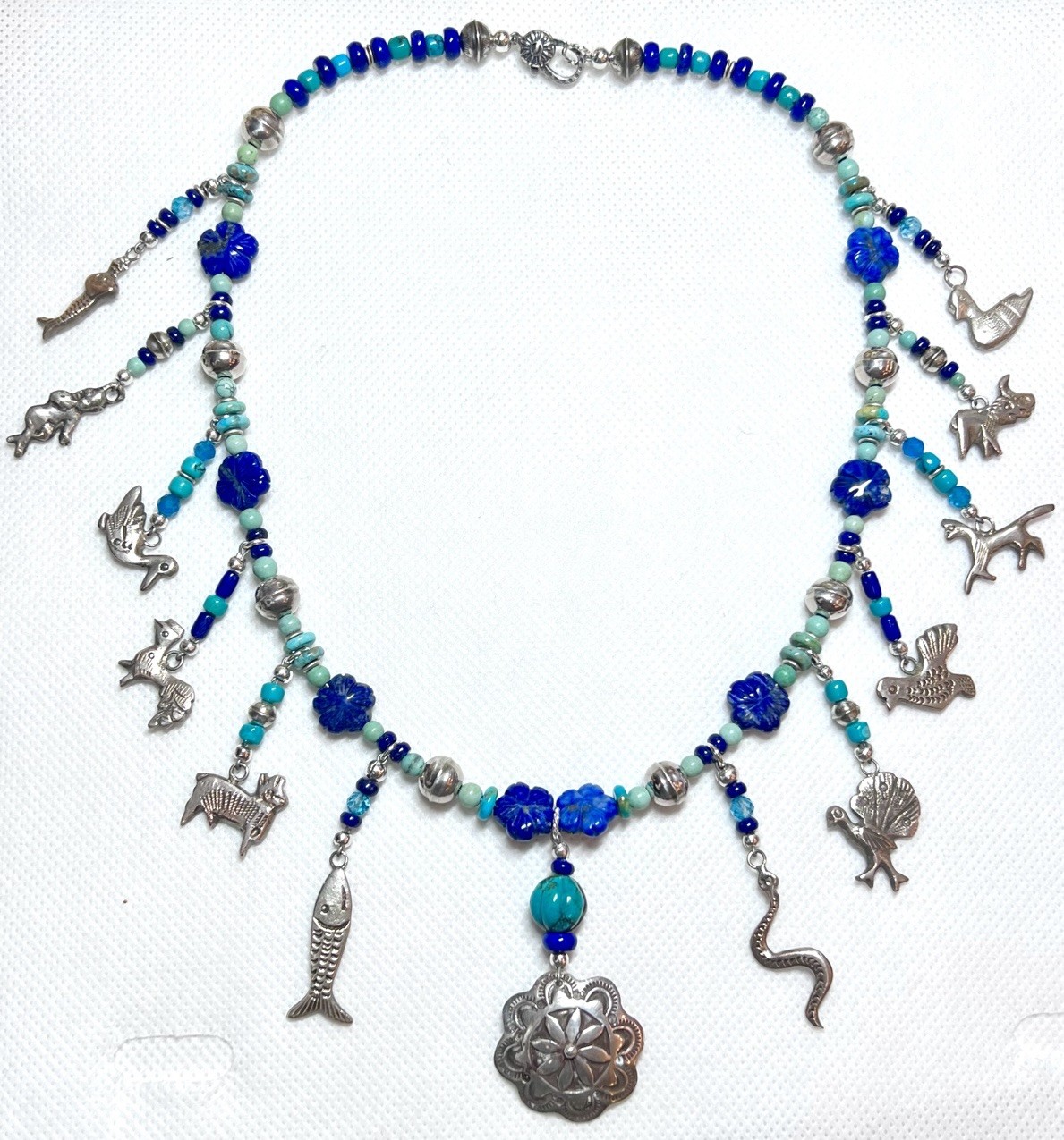 LOVELY Southwest Artisan Sterling Silver Turquoise, Lapis Milagro Charm Necklace