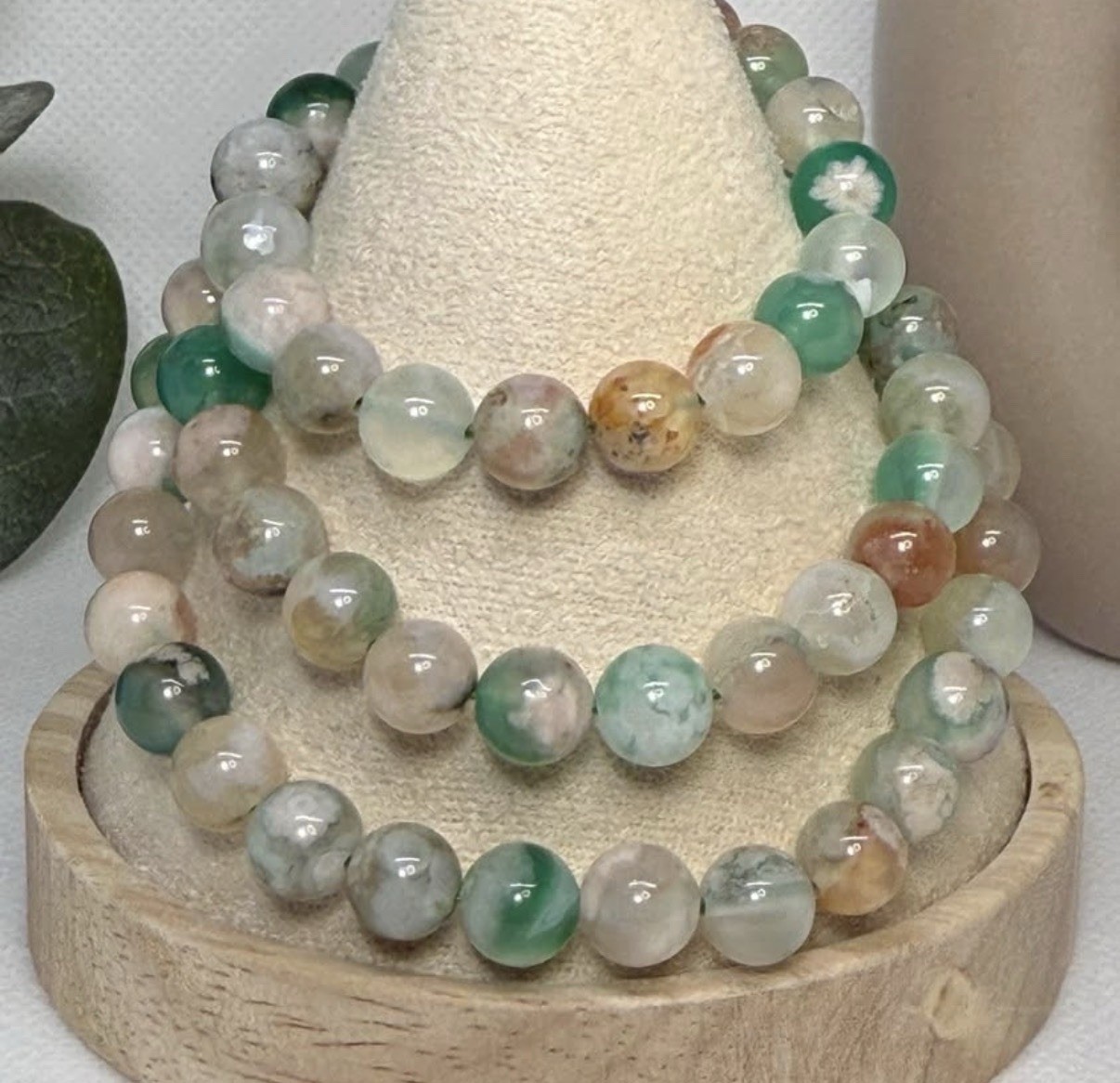 Flower Agate Green Triple Bracelet 8MM
