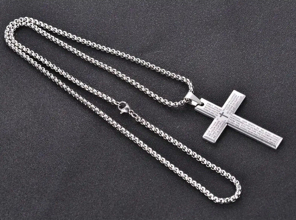 Silver Lords Prayer Cross Necklace 304L Stainless Steel Christian Bible Pendant